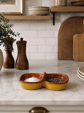 PIER 1 Salt & Pepper Sauce Double Sided Mustard Brown Glaze Pottery Dish
